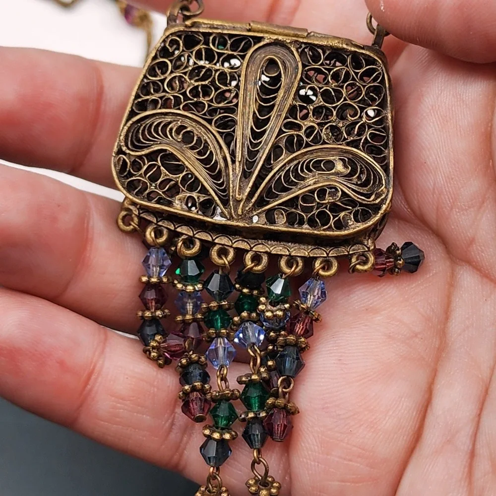Sweet Romance USA Floral Purse Pendant Necklace Crystal Bead Fringe Victorian